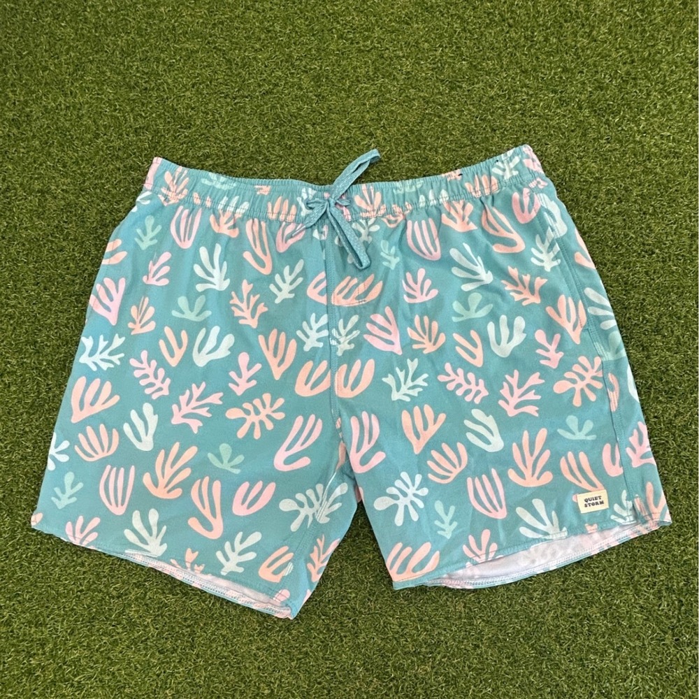 Quiet Storm Mens Coral Print Swim Trunks Blue Pink Mint Board Shorts Size L